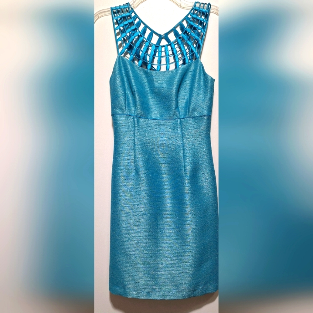 ANTONIO MELANI DESIGNER TEAL FITTED SHEATH DRESS. FULLY LINED. NWOT